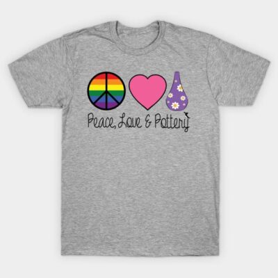 Gray T-shirt with "Peace, Love & Pottery" design featuring rainbow peace symbol, pink heart, and floral pottery graphic.