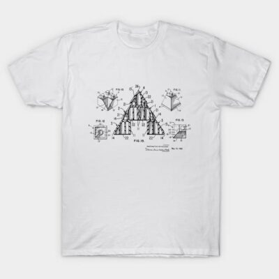 White T-shirt with black geometric patent design, casual style, made of cotton, unisex fashion, comfortable wear.