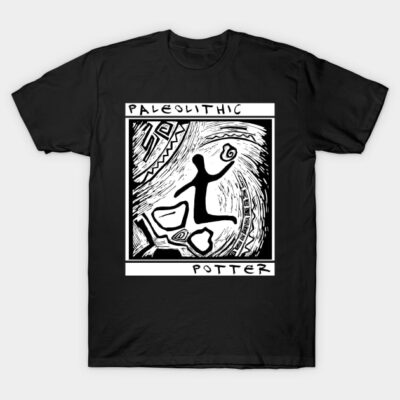 Black t-shirt with paleolithic pottery design, featuring abstract art in white and black, cotton material.