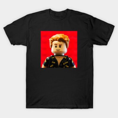 Black T-shirt featuring a colorful toy brick figure design with a red background, ideal for casual wear.