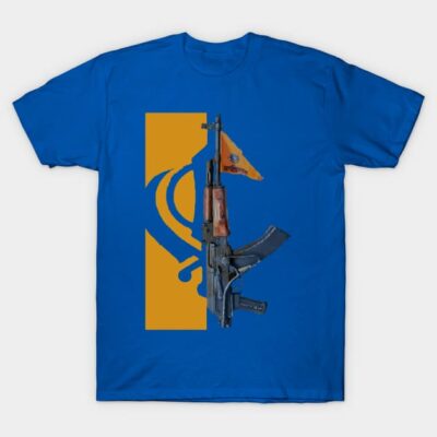 Blue t-shirt with orange graphic design featuring abstract shapes, casual wear, soft cotton material.