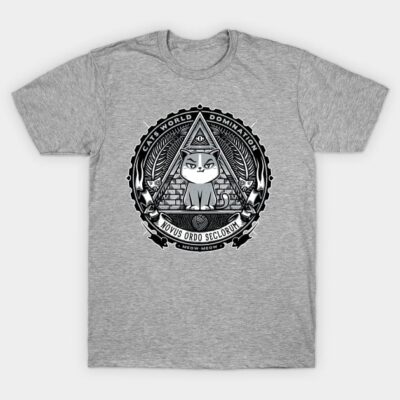Gray cotton t-shirt featuring "Cats World Domination" design with cat illustration and eye symbol, casual wear.