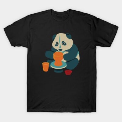 Black T-shirt with cute panda pottery design, ideal for casual wear, soft cotton material, perfect gift for art lovers.