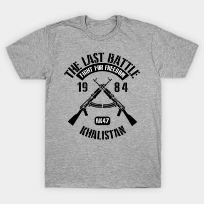 Gray graphic t-shirt with bold black text and crossed rifles design, casual cotton fabric, ideal for everyday wear.