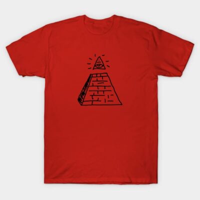 Red cotton t-shirt with black pyramid and eye design, casual style, perfect for everyday wear.