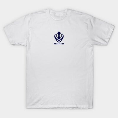 White cotton t-shirt with blue emblem and "Khalistan" text, casual style for everyday wear.