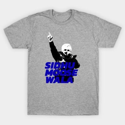 Gray graphic t-shirt with bold blue text design, casual wear, cotton material.