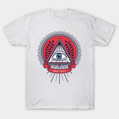 White t-shirt with red and blue eye pyramid design, casual style, cotton material, perfect for everyday wear.