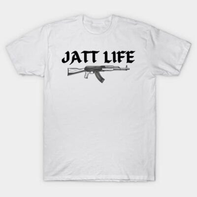 White t-shirt with "Jatt Life" text and rifle graphic, casual style, cotton material, unisex design.