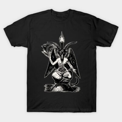 Black graphic t-shirt featuring intricate white Baphomet illustration, ideal for casual wear, cotton material.