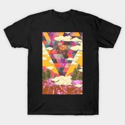 Black cotton t-shirt with colorful geometric and nature-inspired graphic design, ideal for casual wear.