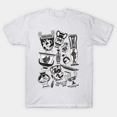 White T-shirt with black Greek pottery designs, casual style, cotton material, perfect for everyday wear.