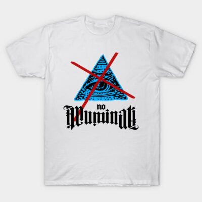 White T-shirt with blue triangle and red cross graphic, bold text design, casual wear, 100% cotton.