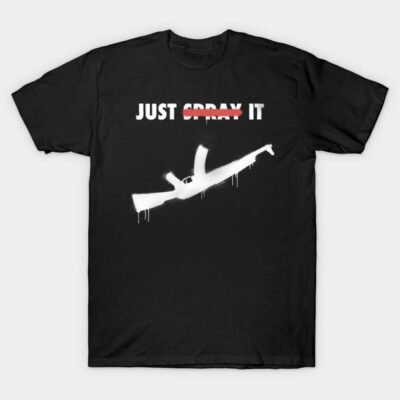 Black T-shirt with white spray paint design and bold slogan, casual streetwear, cotton material, unisex style.