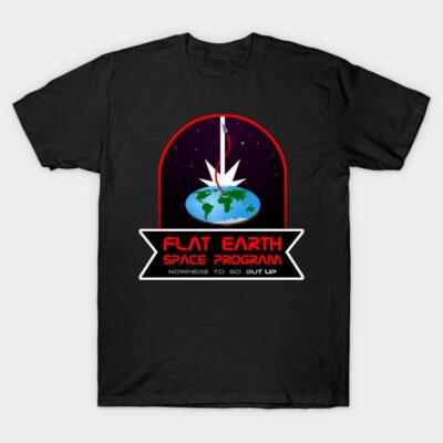 Black T-shirt with "Flat Earth Space Program" graphic, featuring globe and rocket design, casual style.