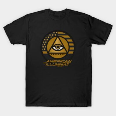 Black T-shirt with golden eye and triangle design, American Illuminati theme, soft cotton, casual wear.