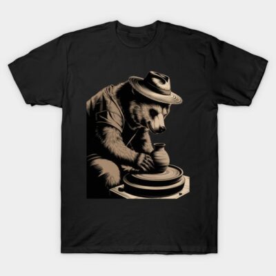 Black T-shirt featuring bear potter graphic, casual style, cotton material, perfect for art enthusiasts and casual wear.