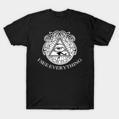 Black t-shirt with eye and triangle design, "I See Everything" text, casual unisex style, cotton material.