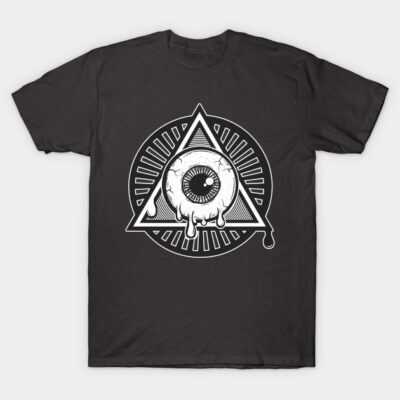 "Black t-shirt with white eye and triangle graphic design, casual style, 100% cotton, unisex fashion top."