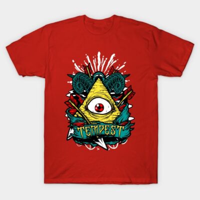 Red graphic T-shirt with eye and geometric design, bold streetwear style, perfect for casual wear. 100% cotton fabric.