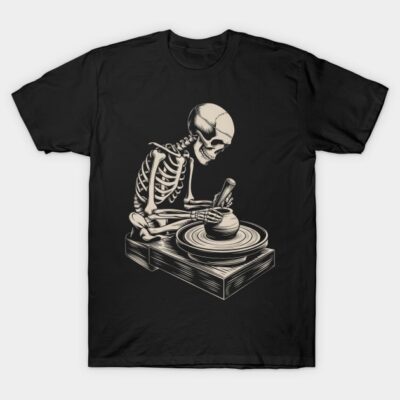 Black t-shirt with skeleton pottery design, casual style, 100% cotton. Perfect for art lovers and unique fashion statements.