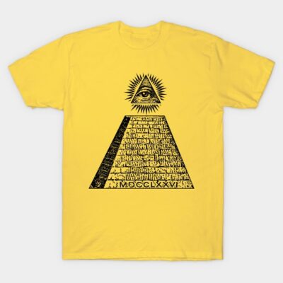 Yellow cotton t-shirt with pyramid and eye graphic, casual style, ideal for everyday wear.