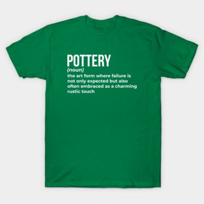 Green "Pottery" T-shirt with rustic-themed text, casual style, cotton material, perfect for pottery enthusiasts.