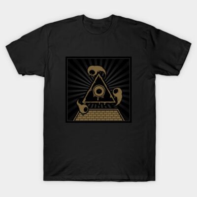 Black t-shirt with gold geometric and eye design, casual wear, cotton material, unique style graphic print.