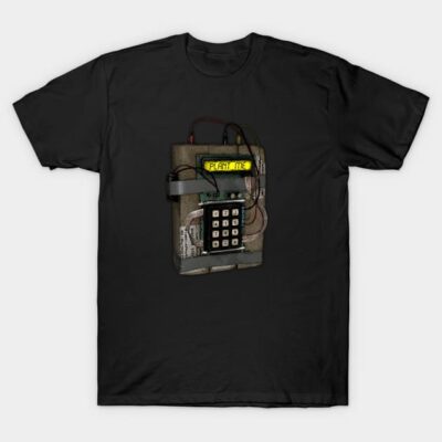 Black t-shirt featuring a detailed graphic of a fictional bomb design with wires and keypad, suitable for casual wear.