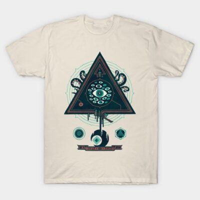 Cream graphic t-shirt with geometric design, eye motif, and abstract patterns, perfect for casual wear. 100% cotton.