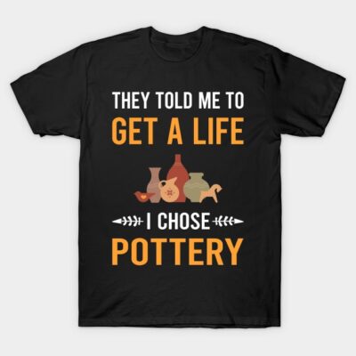 Black T-shirt with pottery-themed graphic and humorous text, ideal for pottery enthusiasts. Casual cotton material.