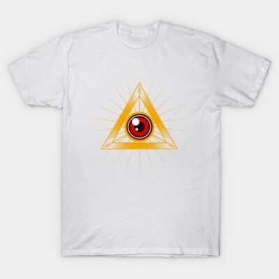 White unisex t-shirt with abstract eye in yellow triangle design, cotton material, casual wear.