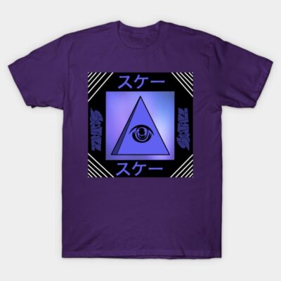 Purple graphic t-shirt with geometric design, eye motif, and Japanese text. Casual style, perfect for everyday wear.