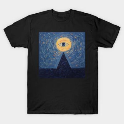 Black cotton T-shirt featuring a mystical eye and pyramid design with swirling blue and yellow patterns.