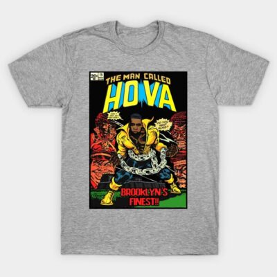 Gray graphic t-shirt featuring comic-style design with bold text, ideal for casual wear, made of soft cotton blend.