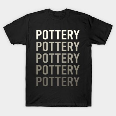 Black unisex t-shirt with "Pottery" text design, casual style, perfect for pottery enthusiasts.