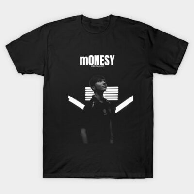 Black graphic t-shirt with "mONESY CSGO PLAYER" text, featuring abstract design, casual style, cotton material.