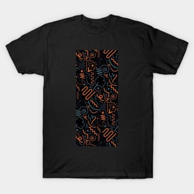 Black t-shirt with abstract orange and blue geometric pattern, casual style, soft cotton fabric, unisex design.