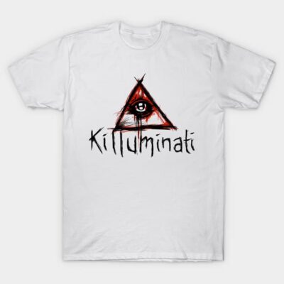 White graphic t-shirt with red and black eye triangle design and "Killuminati" text, casual streetwear style.