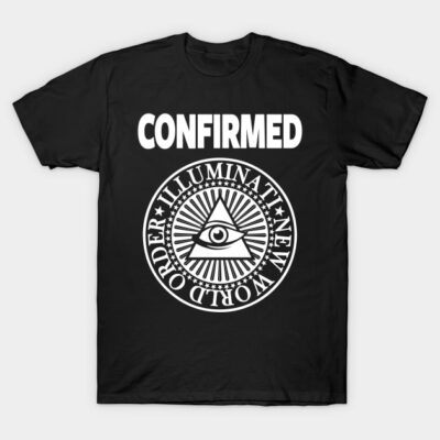 Black graphic t-shirt with "Confirmed" text and Illuminati symbol, casual wear, cotton material, unisex style.