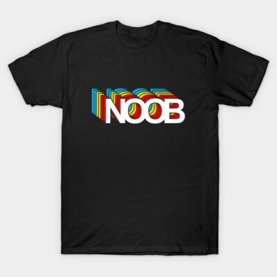 Black T-shirt with colorful "NOOB" graphic design, casual style, unisex, cotton material, ideal for everyday wear.