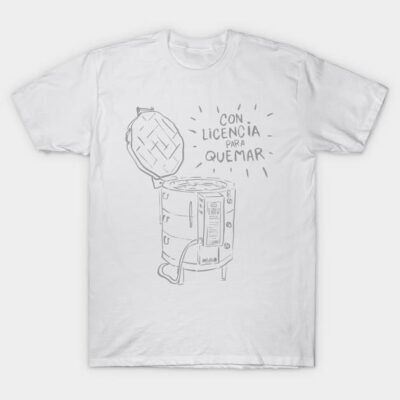 White T-shirt with playful kiln illustration and "Con Licencia Para Quemar" text, perfect for casual wear.