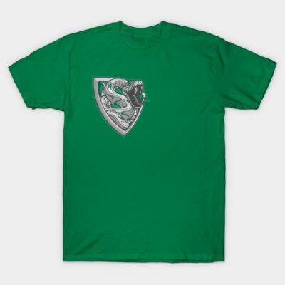 Green graphic t-shirt with shield and roaring lion design, made from 100% cotton, casual wear.