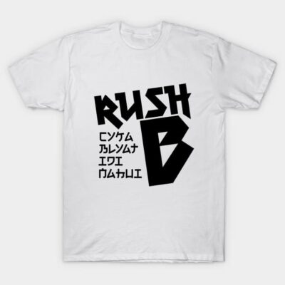 White graphic t-shirt with bold "Rush B" text and abstract design, casual cotton attire for everyday wear.