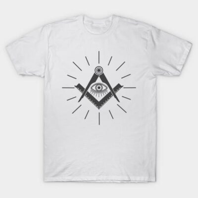 White t-shirt with geometric eye and compass design, cotton material, casual style, ideal for everyday wear.