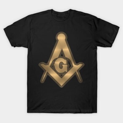 Black t-shirt with gold Masonic symbol design, casual style, made from soft cotton, ideal for everyday wear.