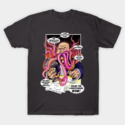 Charcoal graphic t-shirt with vibrant comic-style octopus design, perfect for casual wear, made from soft cotton blend.