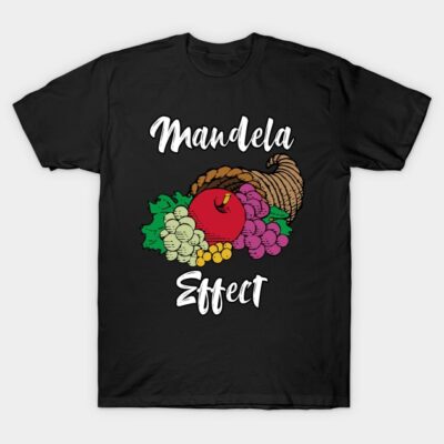 Black t-shirt with "Mandela Effect" text and colorful fruit cornucopia graphic. Casual wear, cotton material.