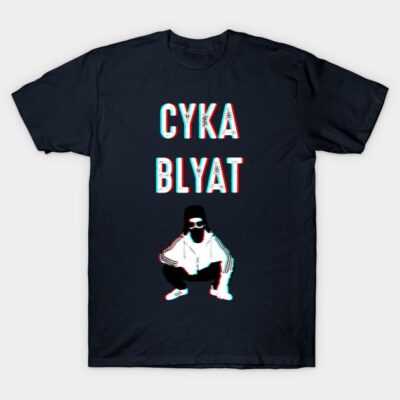 Black graphic tee with "Cyka Blyat" text and squatting figure, casual streetwear, cotton material.