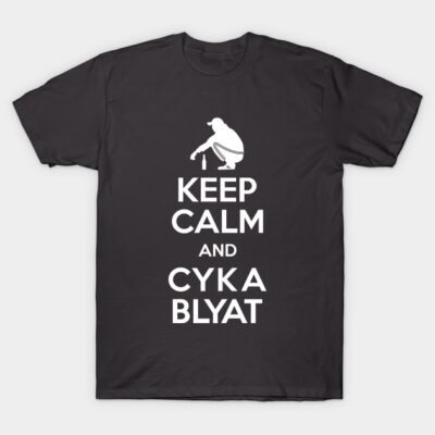 Black graphic t-shirt with white text "Keep Calm and Cyka Blyat," casual style, cotton material.